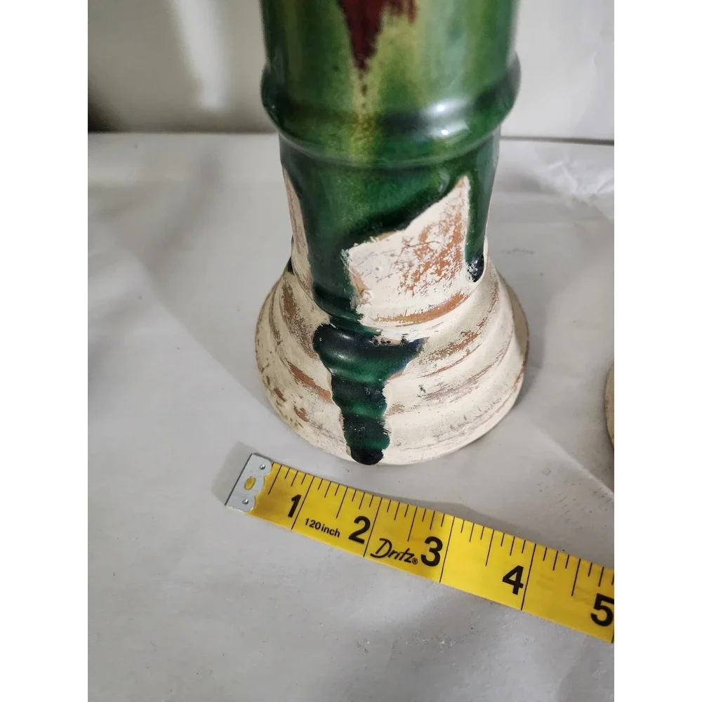 Vintage Artisan Ceramic Drip Glaze Candlestick Holders Pair Green Burgundy Cream